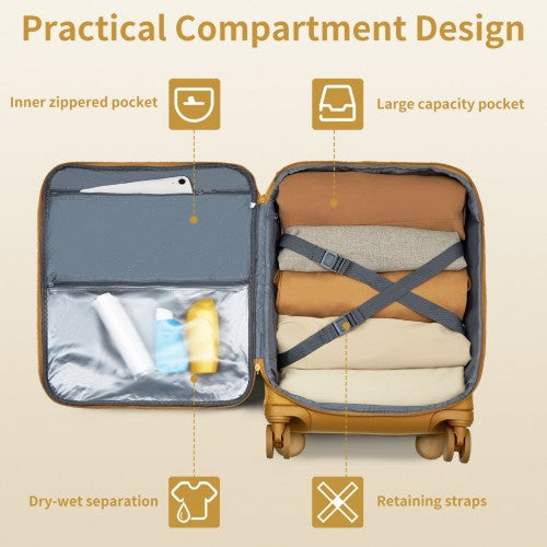 Kono 20 Inch Lightweight Soft Shell Carry On Cabin Size Suitcase with TSA Lock and Separate Wet/Dry Compartment - Yellow
