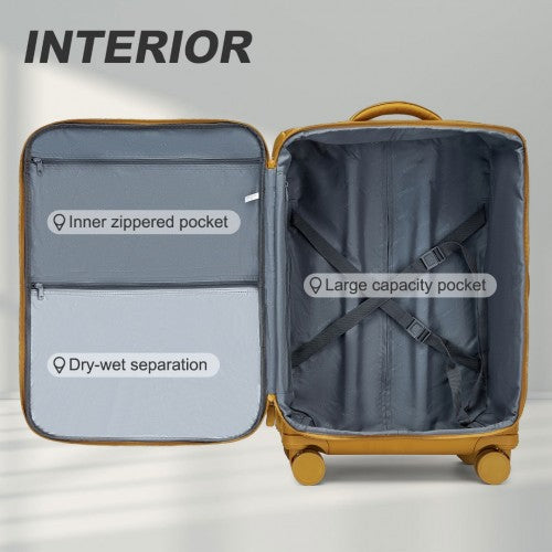 Kono 20 Inch Lightweight Soft Shell Carry On Cabin Size Suitcase with TSA Lock and Separate Wet/Dry Compartment - Yellow