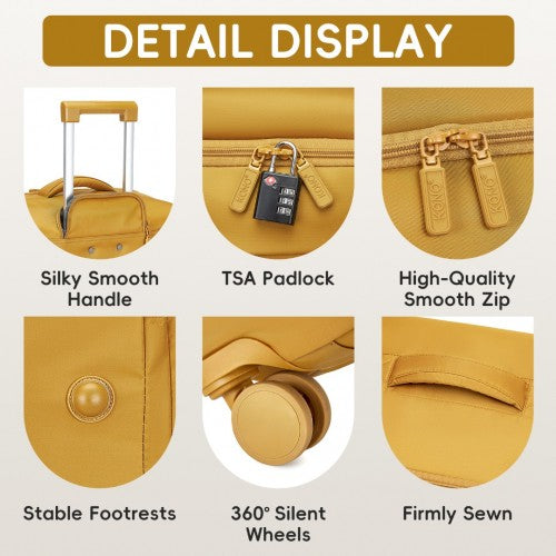 Kono 20 Inch Lightweight Soft Shell Carry On Cabin Size Suitcase with TSA Lock and Separate Wet/Dry Compartment - Yellow