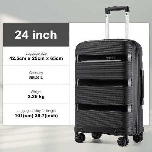 Kono 24 - Inch PP Hardshell Suitcase - Durable Checked Luggage with TSA Lock & 360° Spinner Silent Wheels - Black