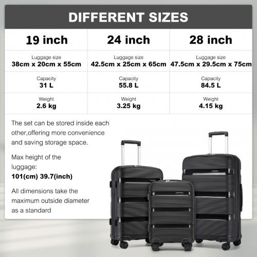 Kono 3 - Piece PP Hardshell Luggage Set - Durable Travel Suitcases with TSA Lock, 360° Spinner Wheels - Black