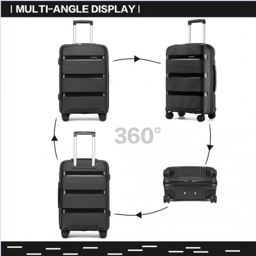 Kono 3 - Piece PP Hardshell Luggage Set - Durable Travel Suitcases with TSA Lock, 360° Spinner Wheels - Black