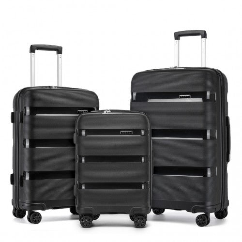 Kono 3 - Piece PP Hardshell Luggage Set - Durable Travel Suitcases with TSA Lock, 360° Spinner Wheels - Black
