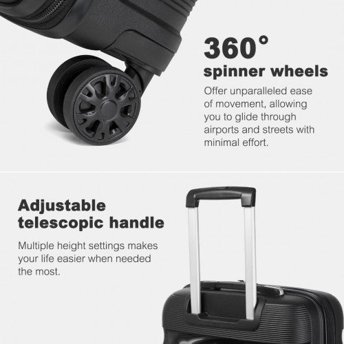 Kono 3 - Piece PP Hardshell Luggage Set - Durable Travel Suitcases with TSA Lock, 360° Spinner Wheels - Black