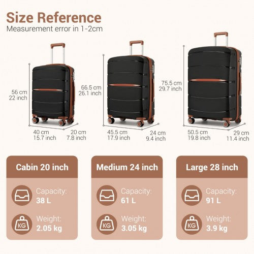 Kono 20/24/28 inch PP Modern Scratch - Resistant Suitcase Set with TSA Lock & Stylish Brown Accents - Black and Brown
