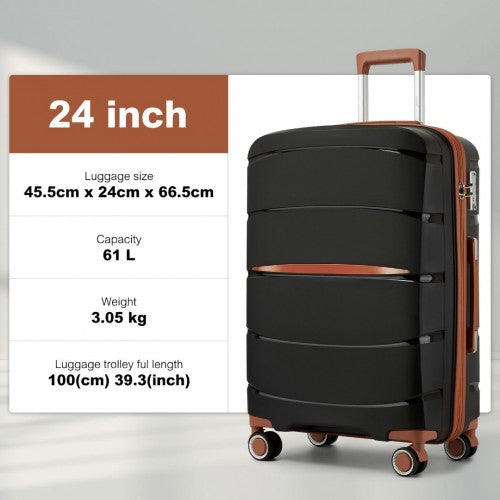 Kono 24 - Inch PP Modern Scratch - Resistant Medium Suitcase with TSA Lock & Stylish Brown Accents - Black and Brown