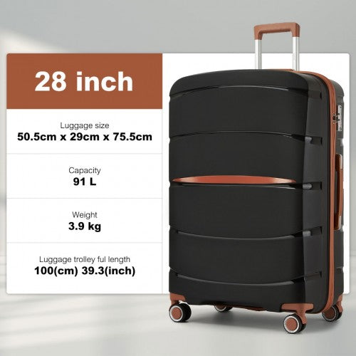 Kono 28 - Inch PP Modern Scratch - Resistant Large Suitcase with TSA Lock & Stylish Brown Accents - Black and Brown