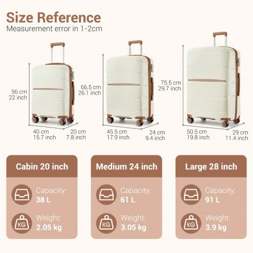 Kono 20/24/28 inch PP Modern Scratch - Resistant Suitcase Set with TSA Lock & Stylish Brown Accents - Cream and Brown
