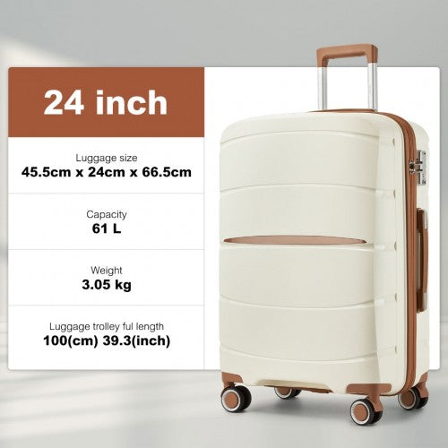 Kono 24 - Inch PP Modern Scratch - Resistant Medium Suitcase with TSA Lock & Stylish Brown Accents - Cream and Brown