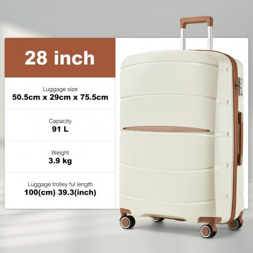 Kono 28 - Inch PP Modern Scratch - Resistant Large Suitcase with TSA Lock & Stylish Brown Accents - Cream and Brown