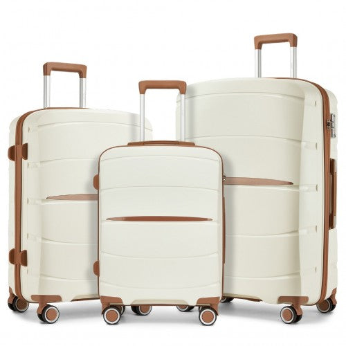 Kono 20/24/28 inch PP Modern Scratch - Resistant Suitcase Set with TSA Lock & Stylish Brown Accents - Cream and Brown