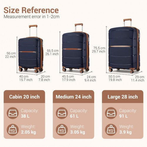 Kono 20/24/28 inch PP Modern Scratch - Resistant Suitcase Set with TSA Lock & Stylish Brown Accents - Navy and Brown