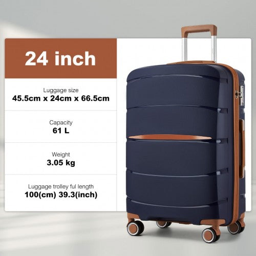 Kono 24 - Inch PP Modern Scratch - Resistant Medium Suitcase with TSA Lock & Stylish Brown Accents - Navy and Brown