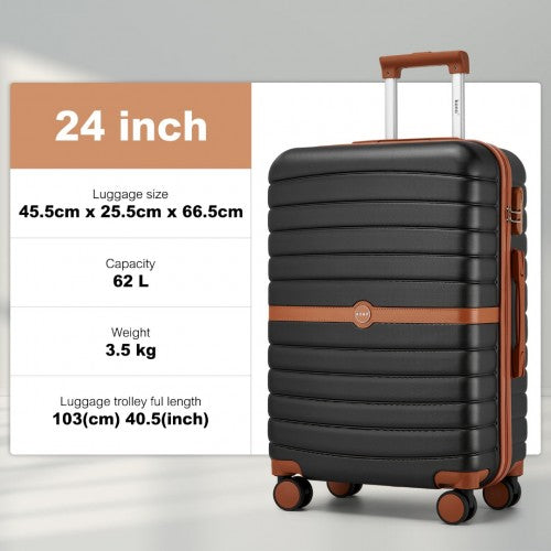 Kono ABS+PC 24 - Inch Striped Design with Colour - Block Details Medium Suitcase with Spinner Silent Wheels - Black and Brown