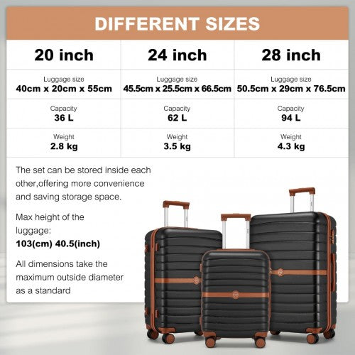 Kono ABS+PC Striped Design with Colour - Block Details 3 - Piece Hardshell Luggage Set with Spinner Wheels - Black and Brown