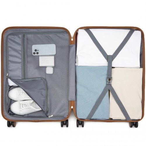 Kono ABS+PC 24 - Inch Striped Design with Colour - Block Details Medium Suitcase with Spinner Silent Wheels - Cream and Brown