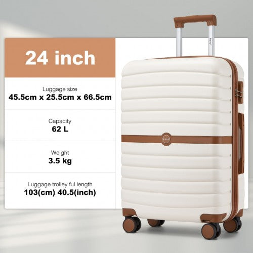 Kono ABS+PC 24 - Inch Striped Design with Colour - Block Details Medium Suitcase with Spinner Silent Wheels - Cream and Brown