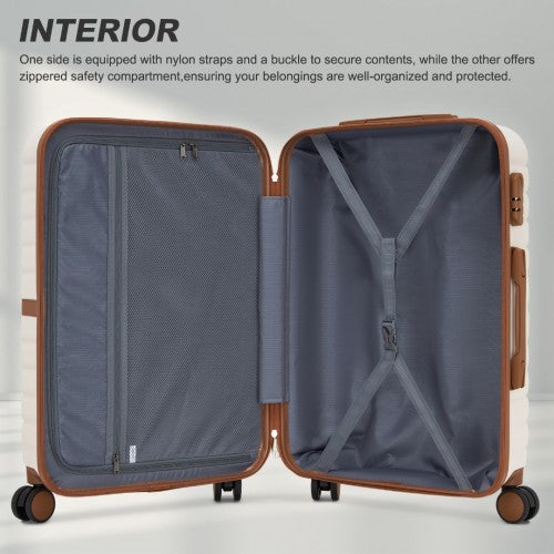 Kono ABS+PC 24 - Inch Striped Design with Colour - Block Details Medium Suitcase with Spinner Silent Wheels - Cream and Brown