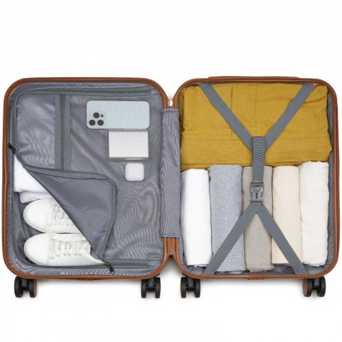 Kono ABS+PC 20 - Inch Striped Design with Colour - Block Details Carry - On Cabin Suitcase with Silent Spinner Wheels - Grey and Brown