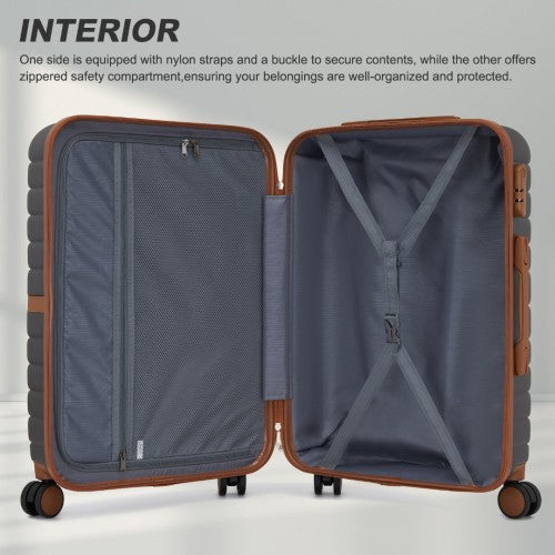 Kono ABS+PC 24 - Inch Striped Design with Colour - Block Details Medium Suitcase with Spinner Silent Wheels - Grey and Brown