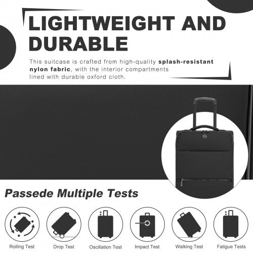 20 inch Women's Lightweight Softshell Suitcase with Spinner Wheels and Spacious Compartments - Black