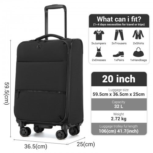 20 inch Women's Lightweight Softshell Suitcase with Spinner Wheels and Spacious Compartments - Black