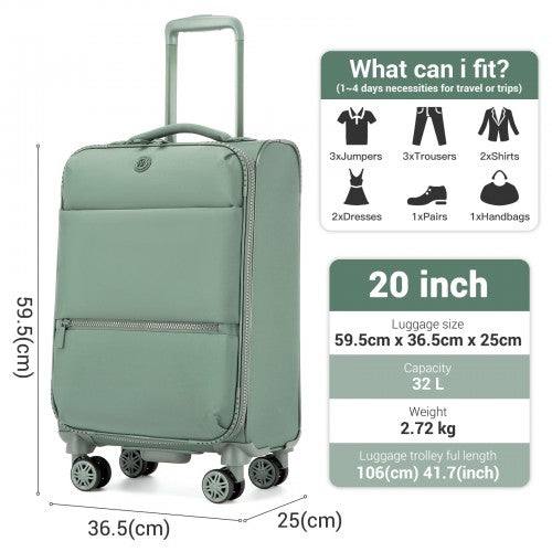 20 inch Women's Lightweight Softshell Suitcase with Spinner Wheels and Spacious Compartments - Green