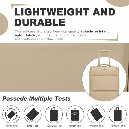 20 inch Women's Lightweight Softshell Suitcase with Spinner Wheels and Spacious Compartments - Khaki