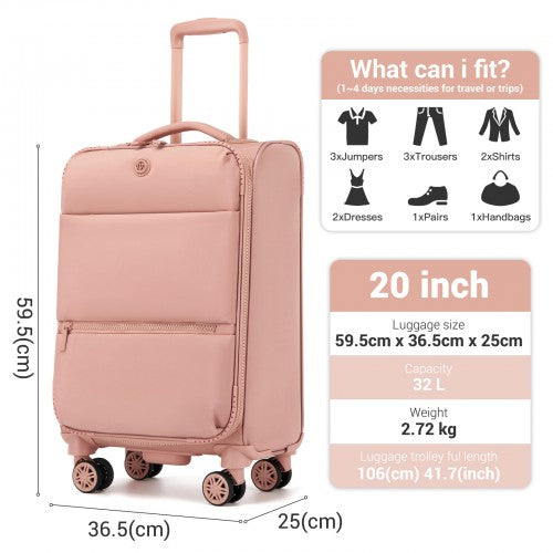 20 inch Women's Lightweight Softshell Suitcase with Spinner Wheels and Spacious Compartments - Pink