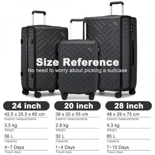 Supercase 3 - Piece Sleek Geometric Pattern Hard Shell ABS+PC Suitcase Set with TSA Lock For Effortless Travel - Black