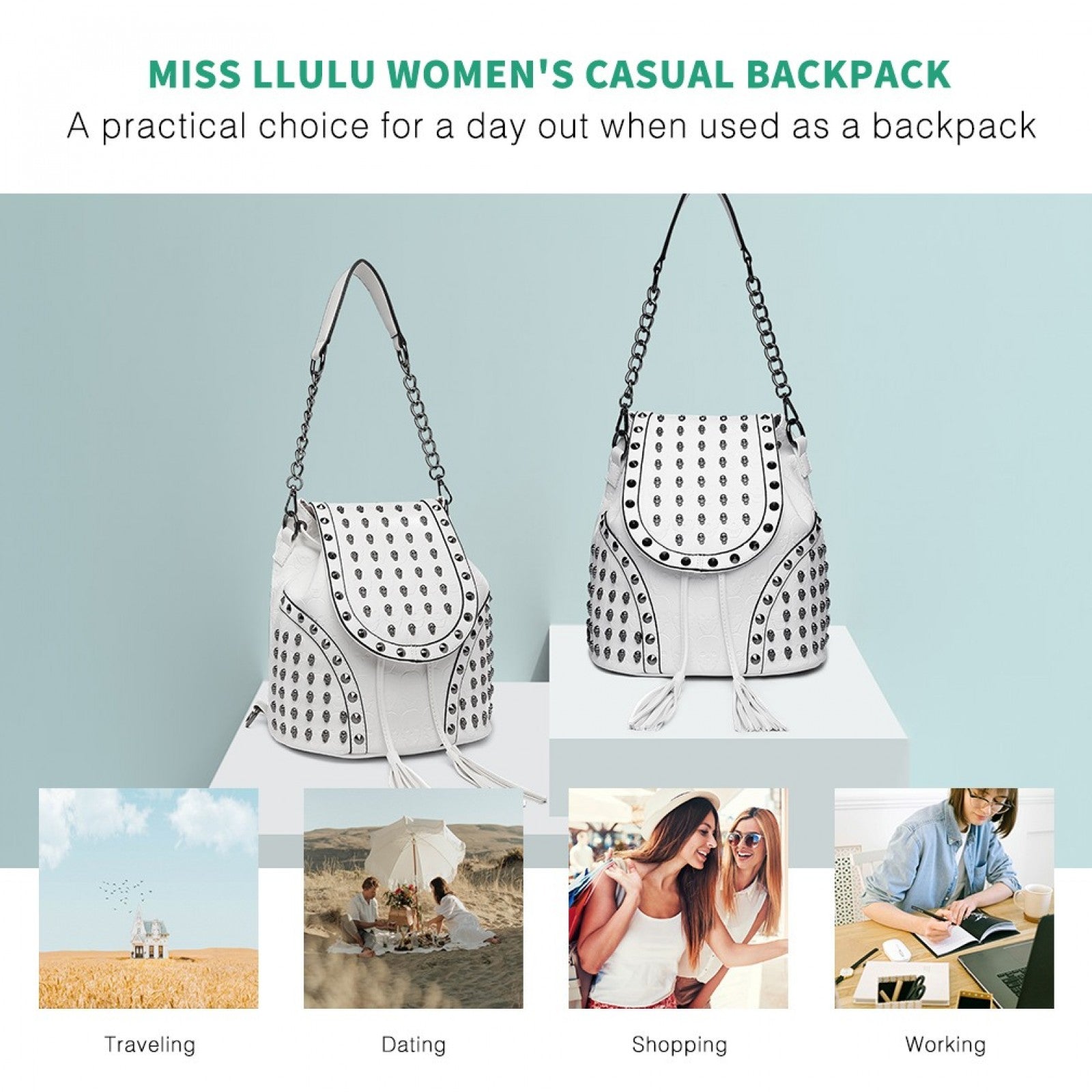 Miss Lulu Skull Studded Backpack Shoulder Bag - Beige