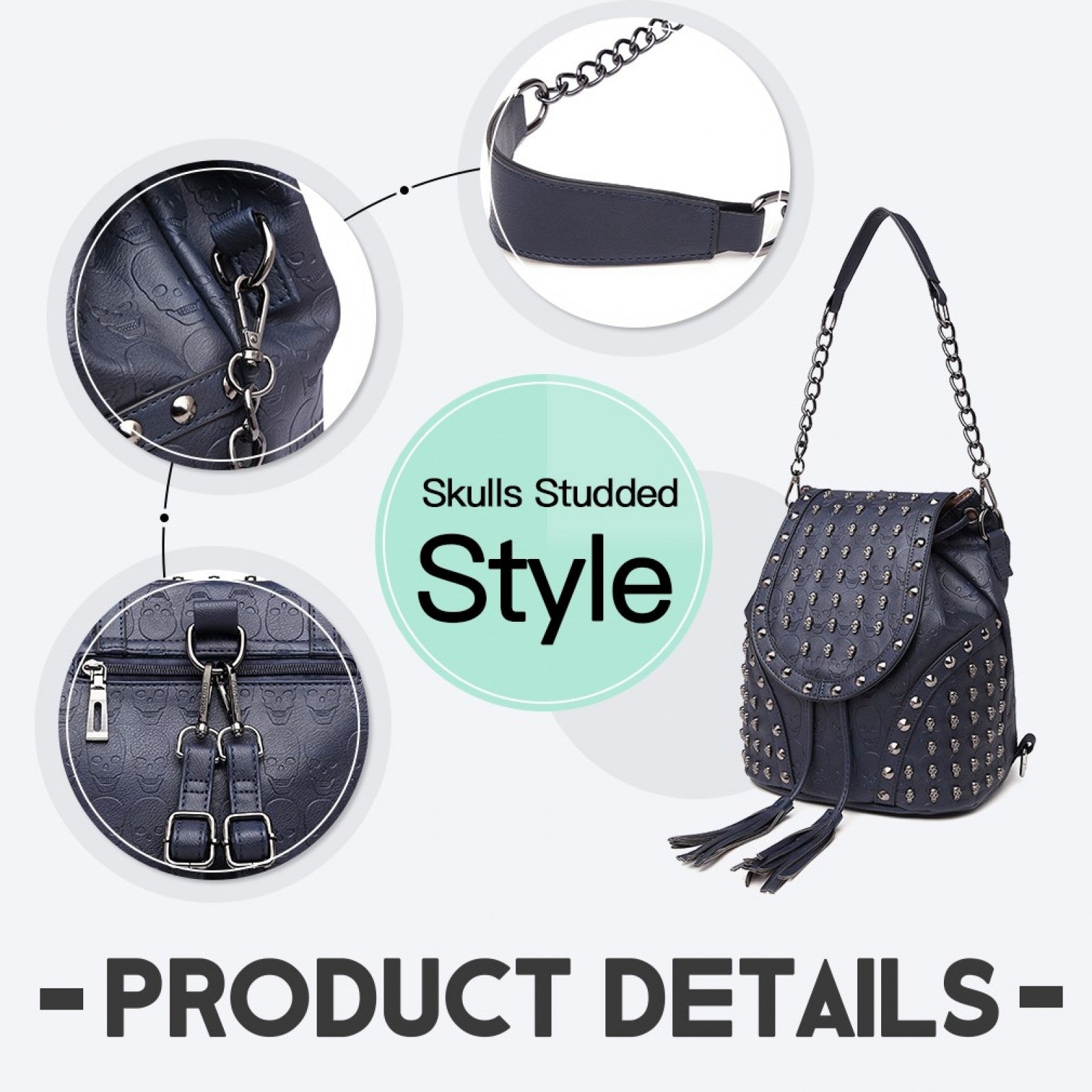 Miss Lulu Skull Studded Backpack Shoulder Bag - Navy