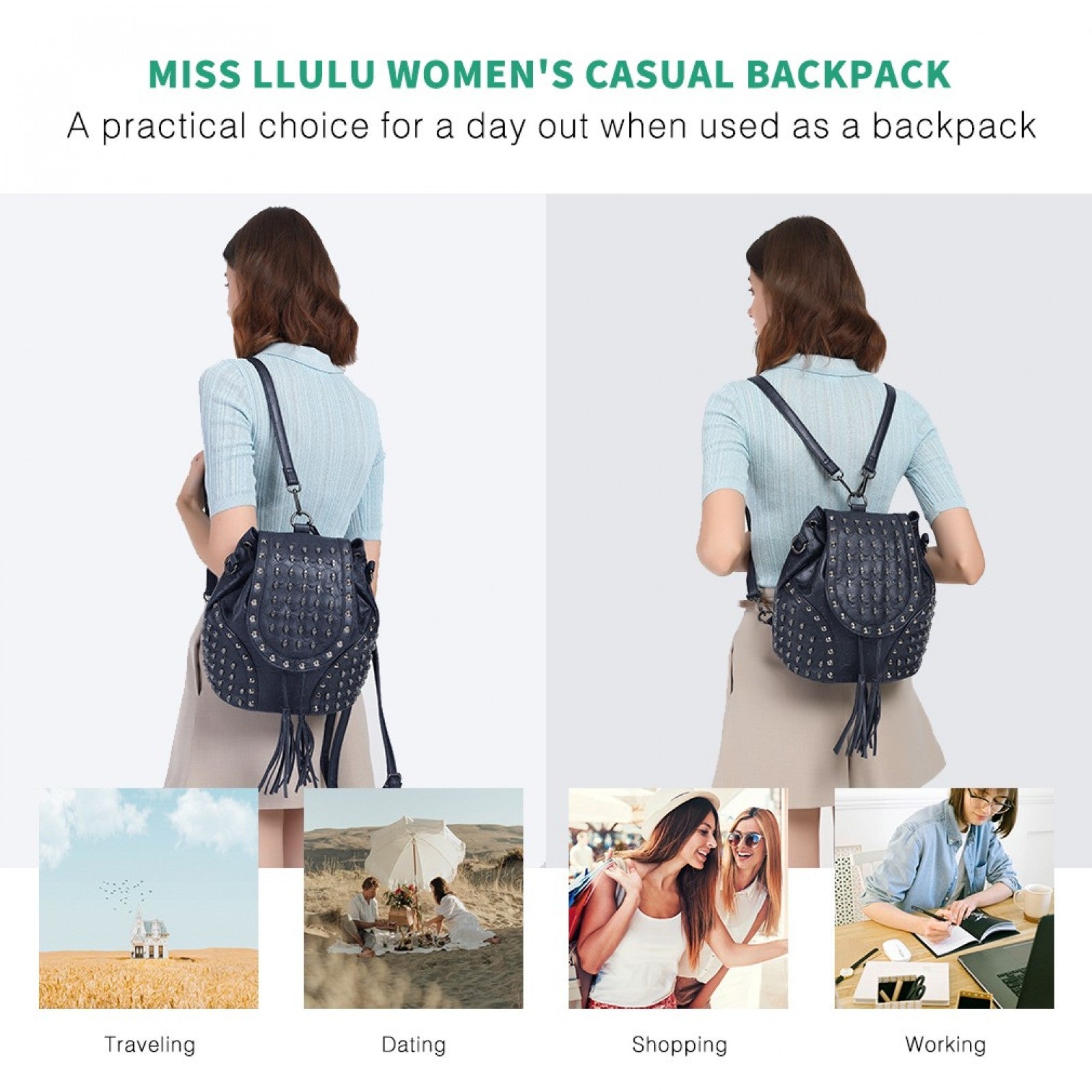 Miss Lulu Skull Studded Backpack Shoulder Bag - Navy