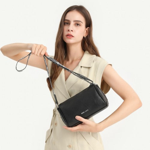 Miss Lulu Lightweight Wide Strap Genuine Leather Crossbody Bag - Black