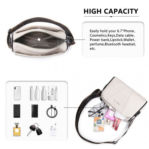 Miss Lulu Simple And Elegant Wide Strap Genuine Leather Crossbody Bag - Beige