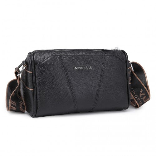Miss Lulu Simple And Elegant Wide Strap Genuine Leather Crossbody Bag - Black