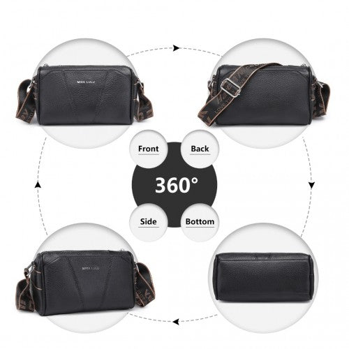 Miss Lulu Simple And Elegant Wide Strap Genuine Leather Crossbody Bag - Black