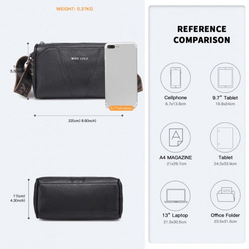 Miss Lulu Simple And Elegant Wide Strap Genuine Leather Crossbody Bag - Black