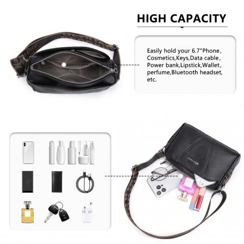 Miss Lulu Simple And Elegant Wide Strap Genuine Leather Crossbody Bag - Black