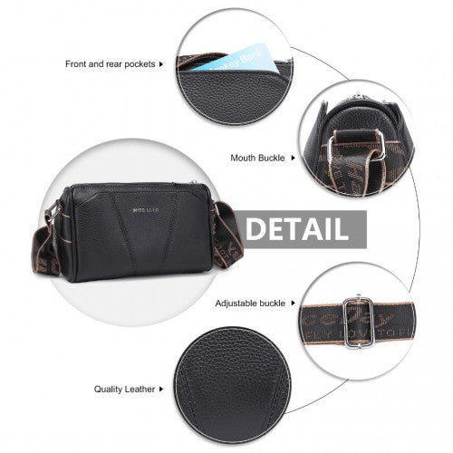 Miss Lulu Simple And Elegant Wide Strap Genuine Leather Crossbody Bag - Black