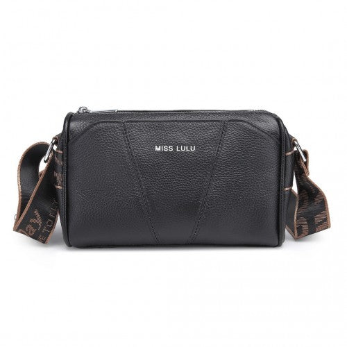 Miss Lulu Simple And Elegant Wide Strap Genuine Leather Crossbody Bag - Black