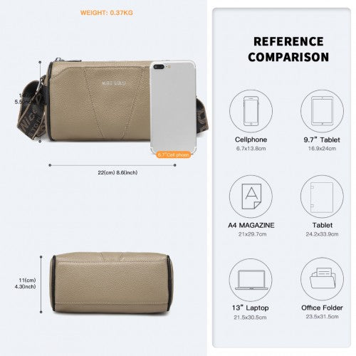 Miss Lulu Simple And Elegant Wide Strap Genuine Leather Crossbody Bag - Khaki