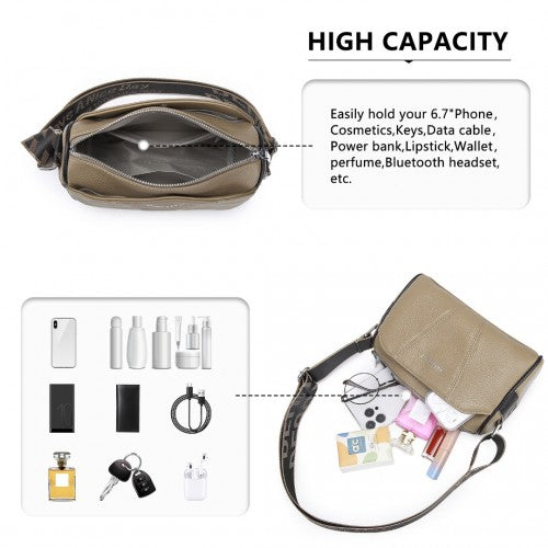 Miss Lulu Simple And Elegant Wide Strap Genuine Leather Crossbody Bag - Khaki