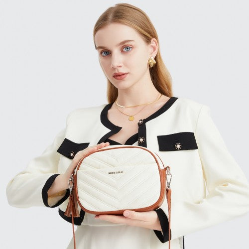 Miss LuLu Lightweight Quilted Leather Cross body Bag - Beige And Brown