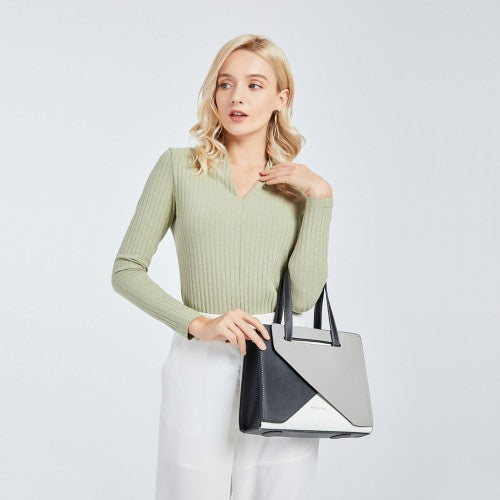 Miss Lulu Contrast Panel Shoulder Bag - Grey And Beige