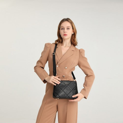 Miss Lulu PU Leather Rhombus Shoulder Bag - Black