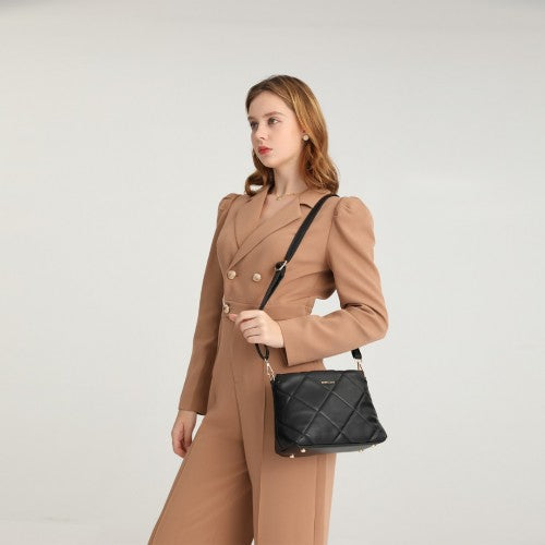Miss Lulu PU Leather Rhombus Shoulder Bag - Black
