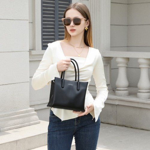Miss Lulu Stylish PU Leather Handbag With Multi - Compartment Design - Black
