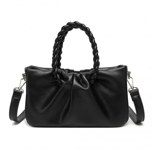 Miss Lulu Elegant PU Leather Braided Handle Cross Body Bag - Black