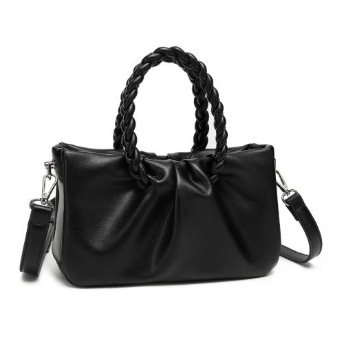 Miss Lulu Elegant PU Leather Braided Handle Cross Body Bag - Black